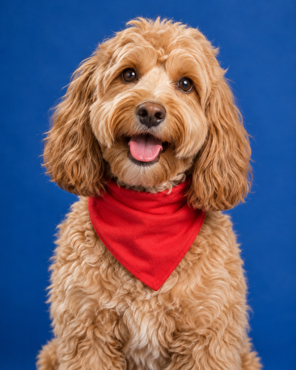 Fluffy apricot cockapoo wearing a red bandana against a bright blue backdrop